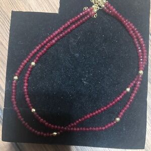 Elegant Red Beaded Necklace with Gold Accents jade
